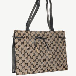 Gucci Khaki GG Canvas Black-Leather Drawstring Tote